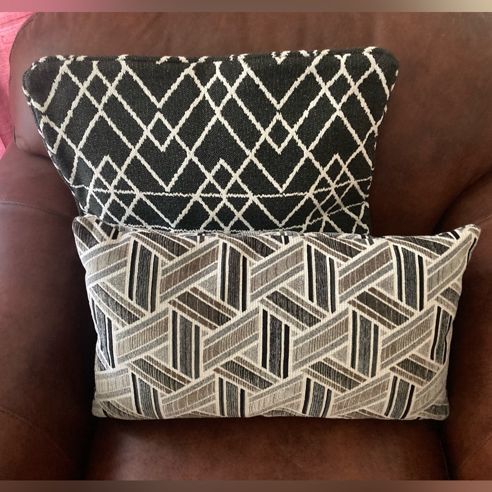 2 upscale upholstery fabric throw pillows in shades of gray + b/w